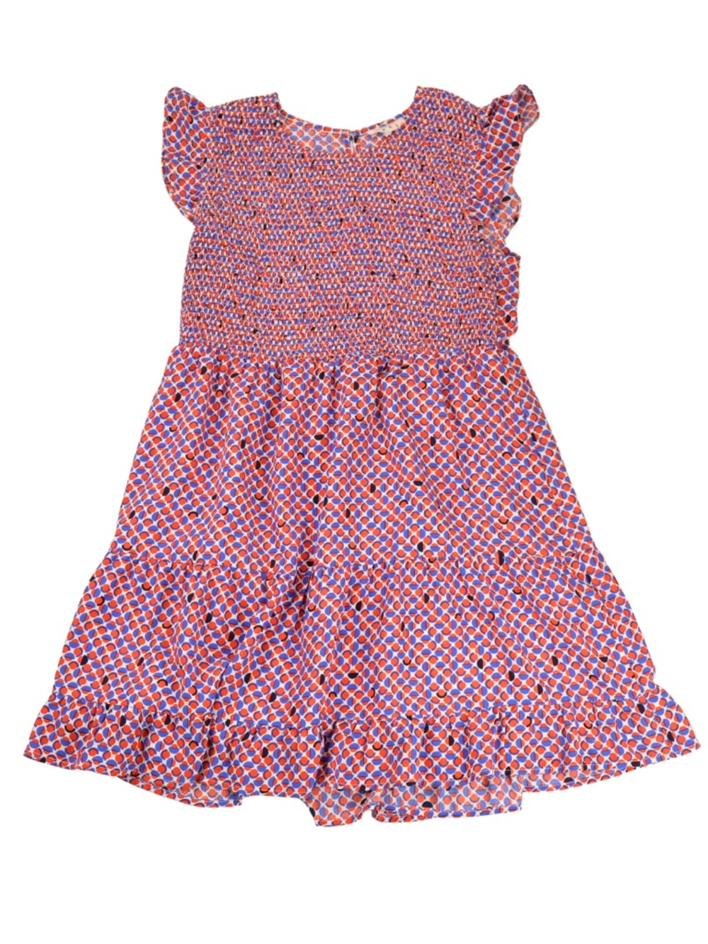 THML Geometric Smocked Flutter Sleeve Dress Large Boho Tiered Mini